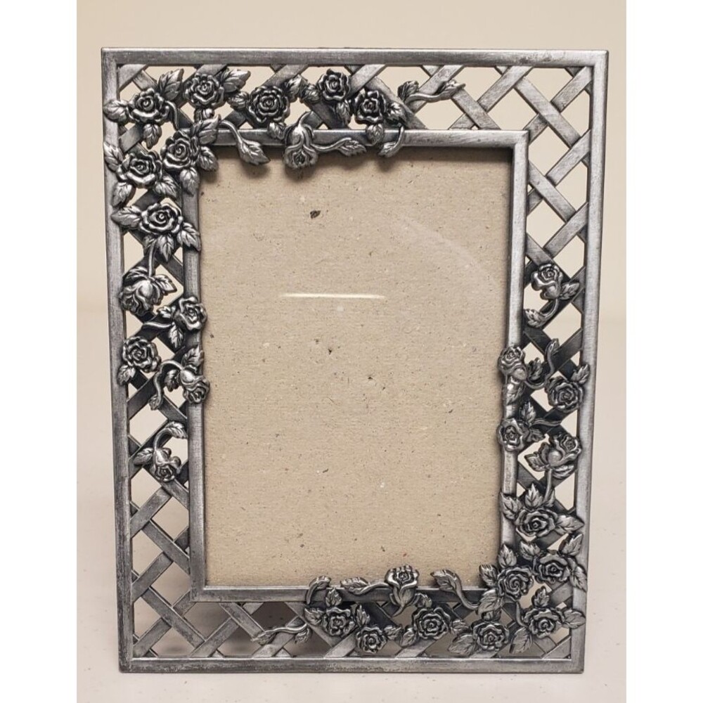 Pewter Style Picture Frame 5” x 7” Photo Vintage Floral Rose Motif Lattice Roses